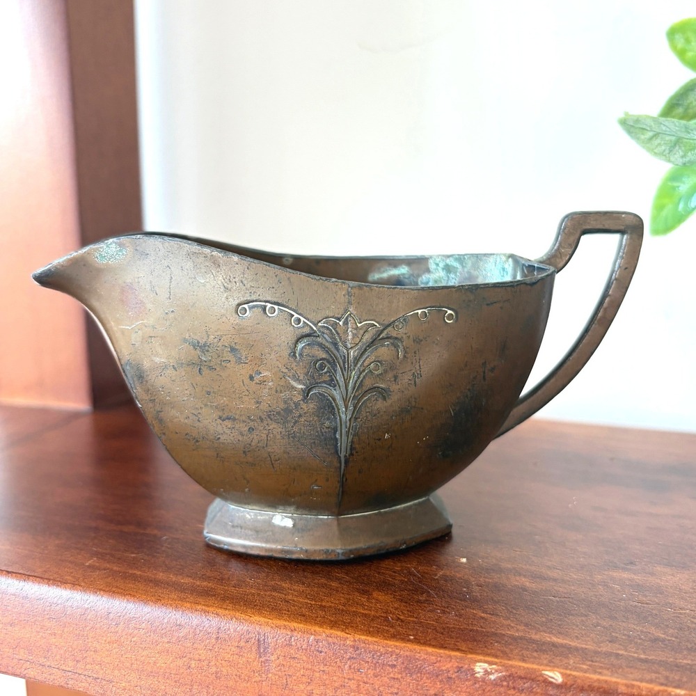 Vintage Art Nouveau Style Metal Creamer Pitcher Made in Japan Floral Patina 5.5"